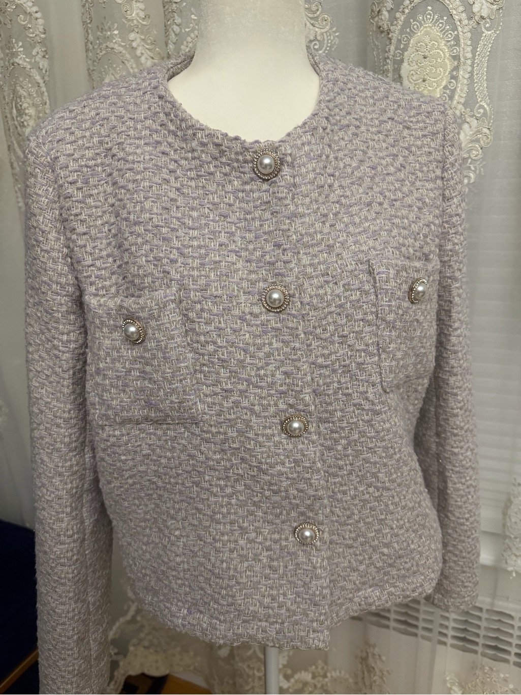 Elegant Lilac Tweed Jewel-Button Jacket